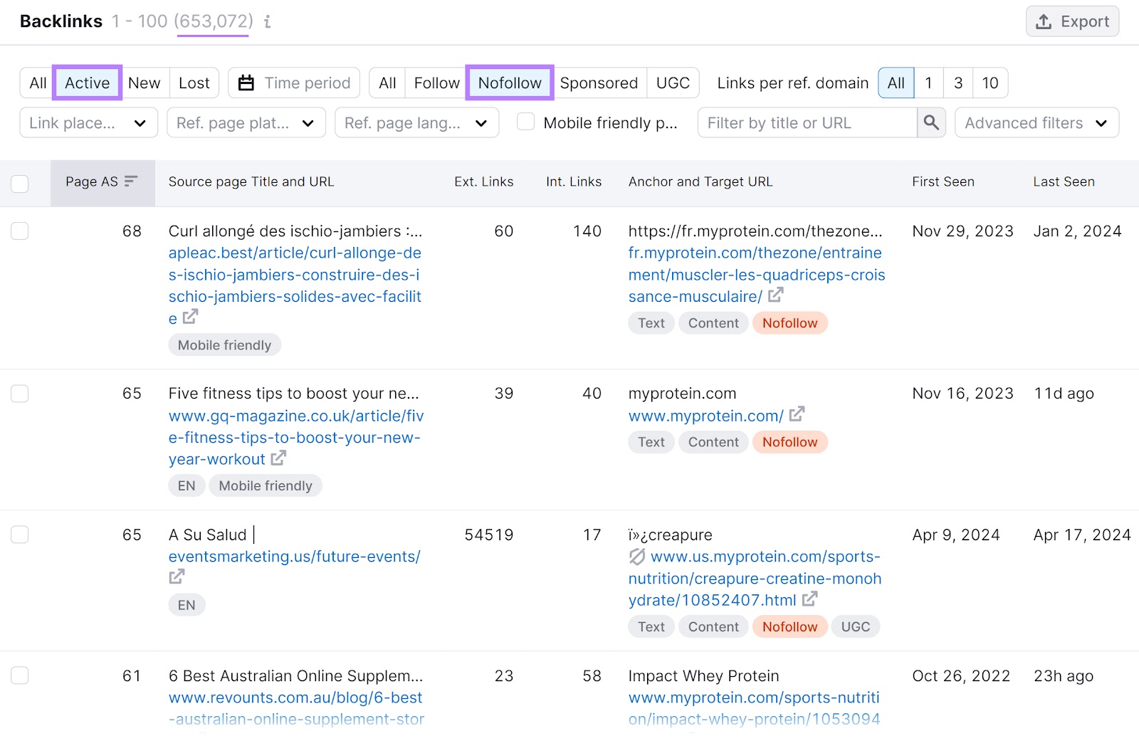 "Backlinks" section of the Backlinks tool with "Active" and "Nofollow" filters highlighted