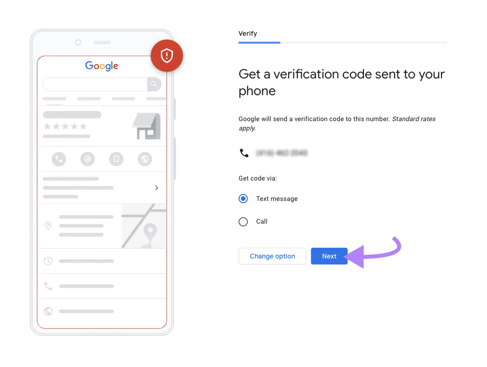 The phone verification code screen on the GBP setup with "Text message" selected and "Next" clicked.