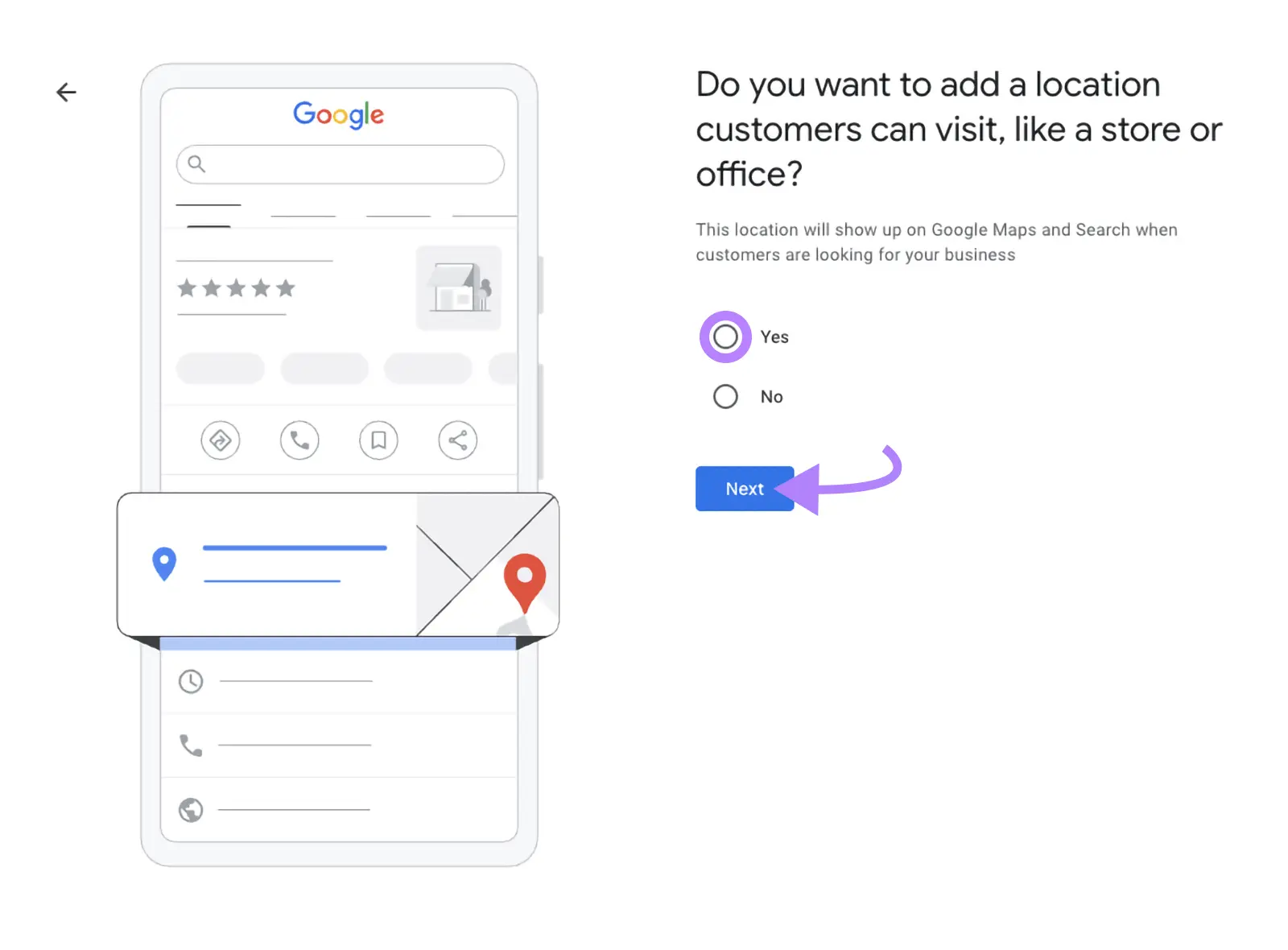 The "Add a location" window on GBP with "Yes" selected and "Next" clicked.
