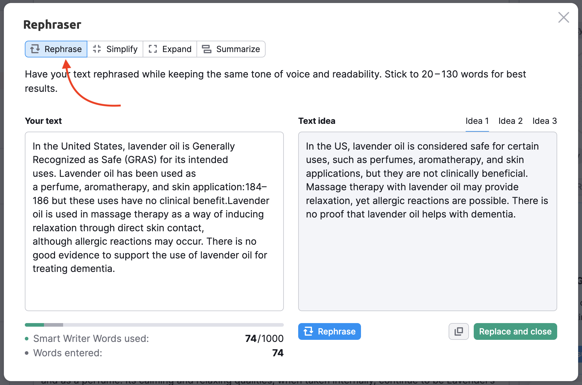 Example showing how to the Rephraser feature works. An arrow points to the 'Rephrase' option in the menu. The example shows two boxes of text: one with your text and the other with the rephrased text idea.