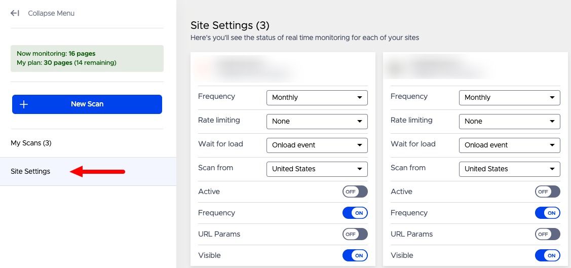 Here you can see the status of real time monitoring for each of your sites.